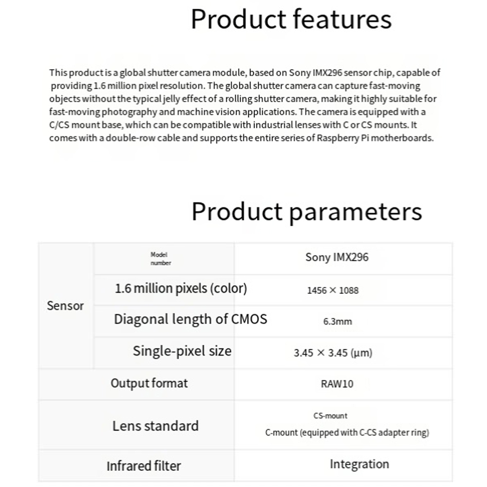 N05R IMX296 Camera for Raspber - огляд і ціна Raspberry Pi Global Shutter Camera Imx296